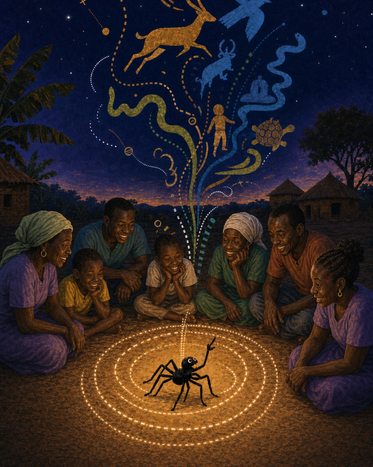 Ananse beneath winding story paths as seven people gather under the night sky.