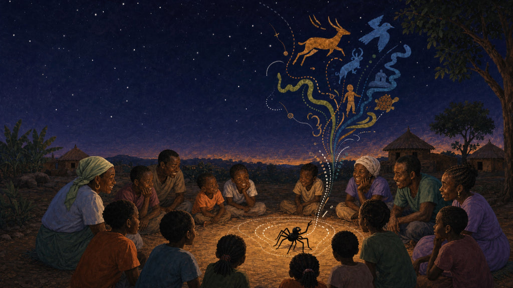 Ananse and winding story paths connect a broad community circle beneath the night sky.