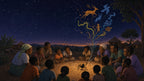 Ananse and winding story paths connect a broad community circle beneath the night sky.