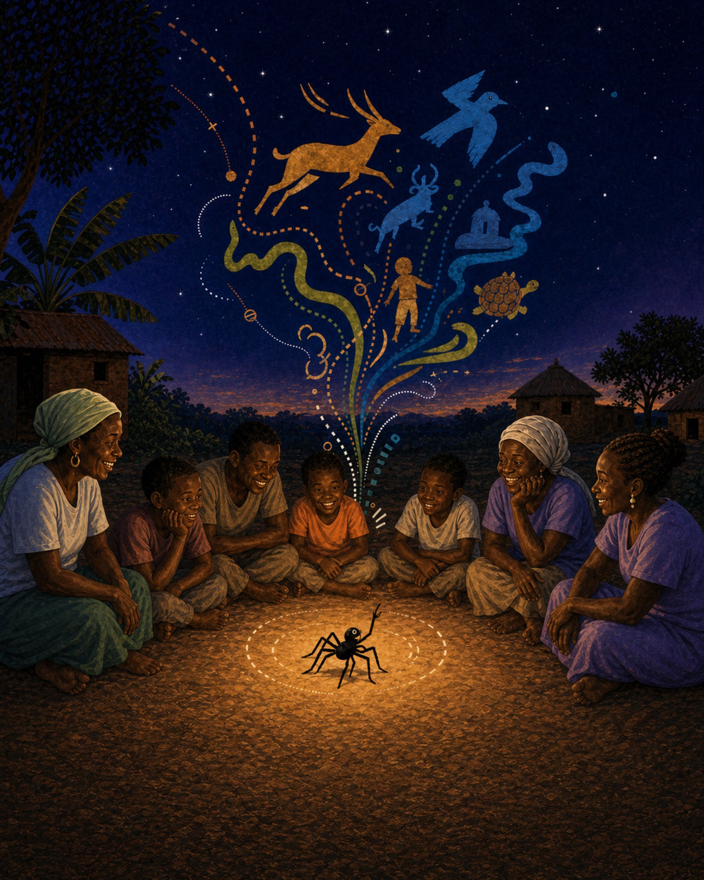 One black spider Ananse beneath rising story paths, with seven people gathered in a Ghanaian night scene.