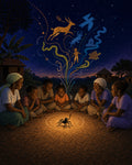 One black spider Ananse beneath rising story paths, with seven people gathered in a Ghanaian night scene.