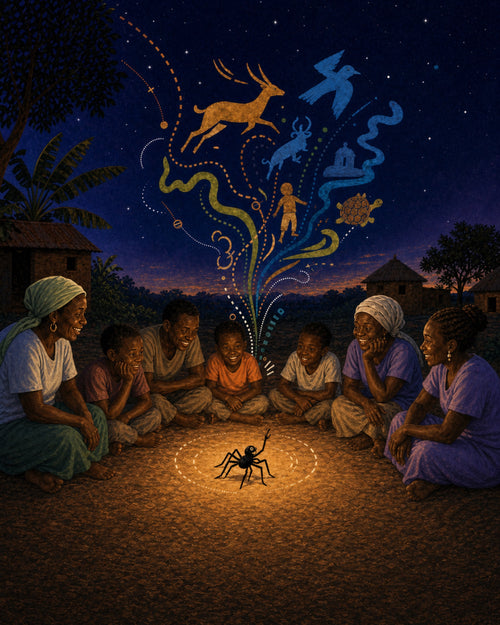 One black spider Ananse beneath rising story paths, with seven people gathered in a Ghanaian night scene.