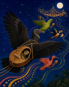 A concealed tortoise peeks from a dark bird’s wooden instrument on the flight to a sky festival.