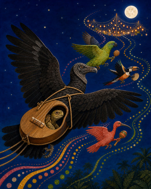 A concealed tortoise peeks from a dark bird’s wooden instrument on the flight to a sky festival.