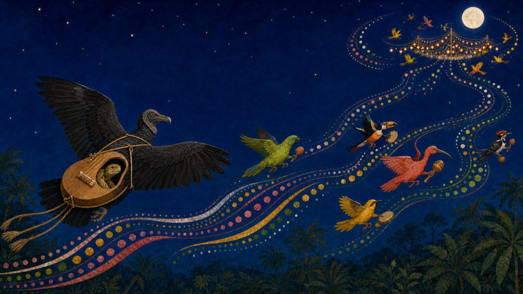 A dark carrier bird flies with a tortoise hidden in its wooden instrument as birds gather in the sky.