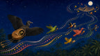 A dark carrier bird flies with a tortoise hidden in its wooden instrument as birds gather in the sky.
