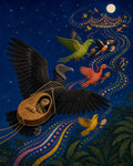 A tortoise hides inside a dark bird’s wooden string instrument as musician birds rise toward a sky festival.