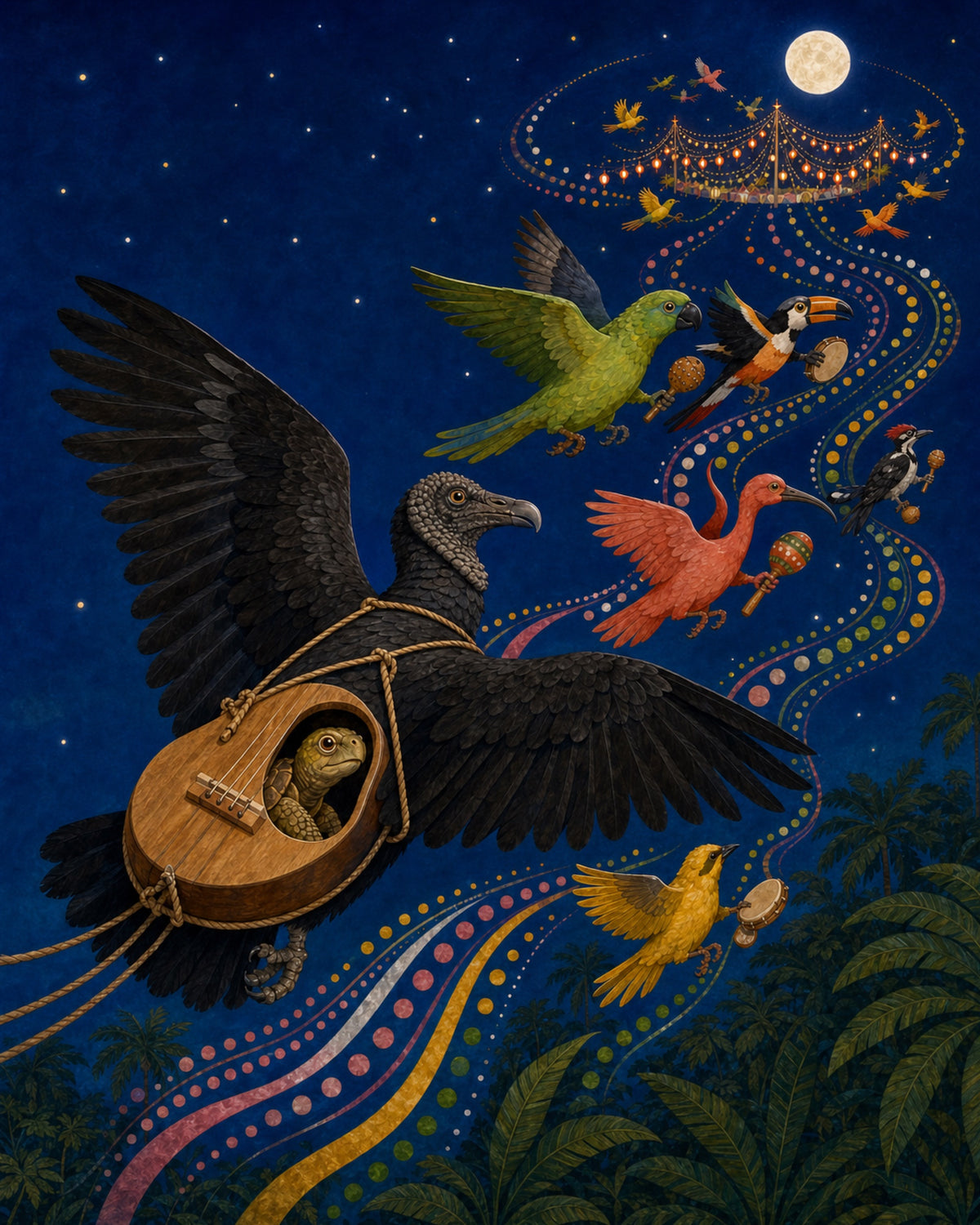 A tortoise hides inside a dark bird’s wooden string instrument as musician birds rise toward a sky festival.