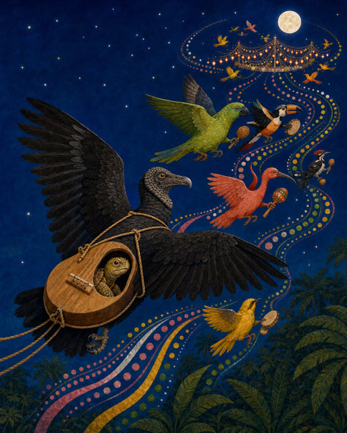 A tortoise hides inside a dark bird’s wooden string instrument as musician birds rise toward a sky festival.