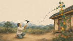 Heungbu releases one swallow beneath an arcing flight path as a gourd vine rises near his home.