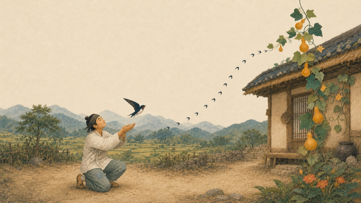 Heungbu releases one swallow beneath an arcing flight path as a gourd vine rises near his home.
