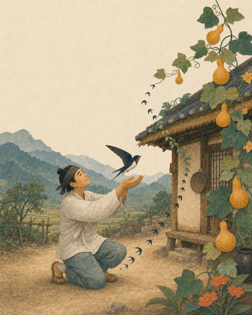 Kneeling Heungbu releases one swallow with both hands beside a rural home and curling gourd vine.