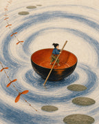 Issun-bōshi crosses immense water in a black-and-persimmon bowl with a chopstick oar.