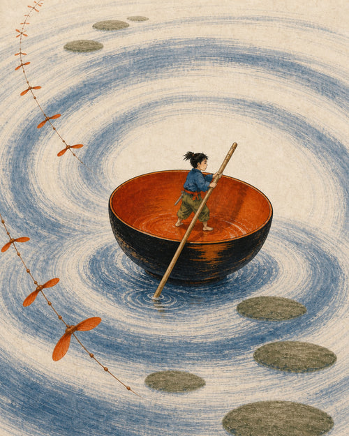 Issun-bōshi crosses immense water in a black-and-persimmon bowl with a chopstick oar.