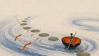 Tiny Issun-bōshi follows a dragonfly route across vast water in his bowl boat.