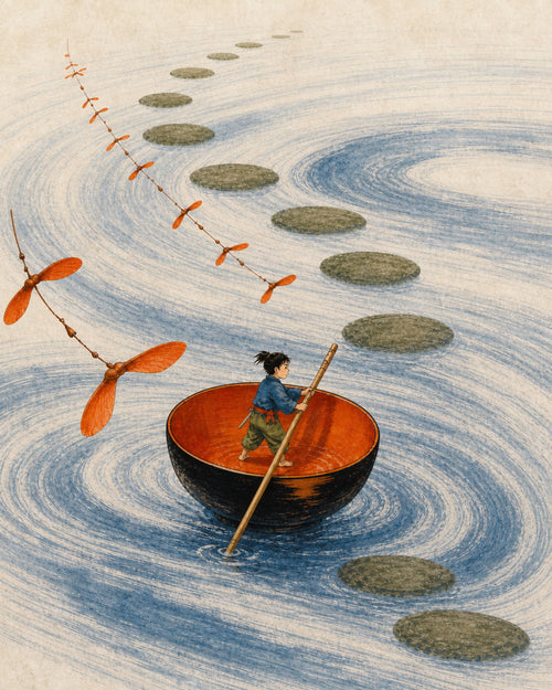 Tiny Issun-bōshi steers a black-and-persimmon bowl with a chopstick oar and needle-sized sword.