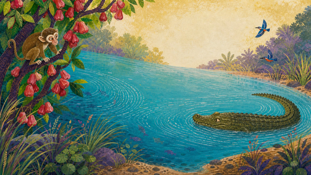 One brown monkey and one olive crocodile face each other across layered river currents.