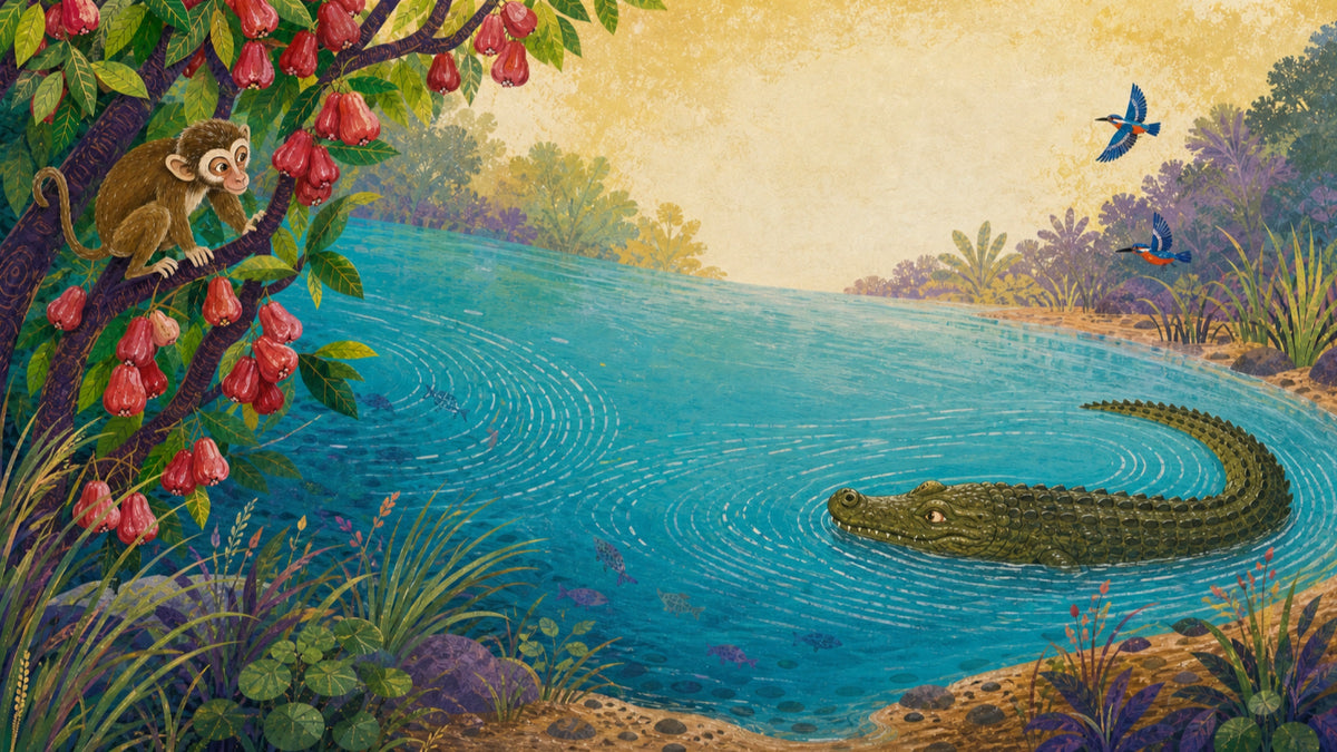 One brown monkey and one olive crocodile face each other across layered river currents.