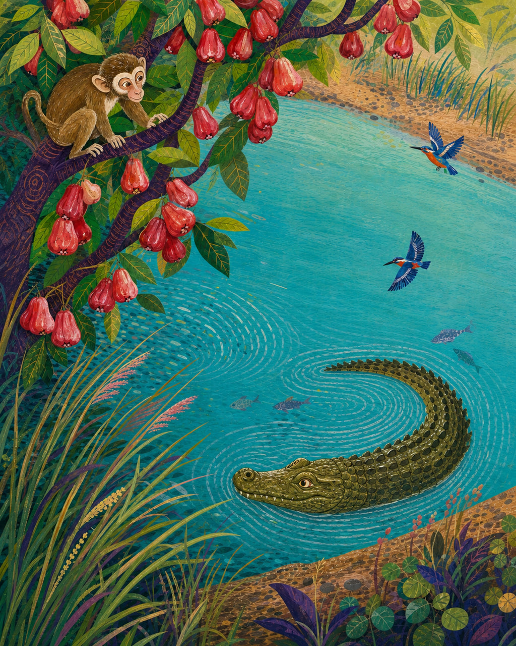 One brown monkey watches from above as one olive crocodile moves through curling river currents below.