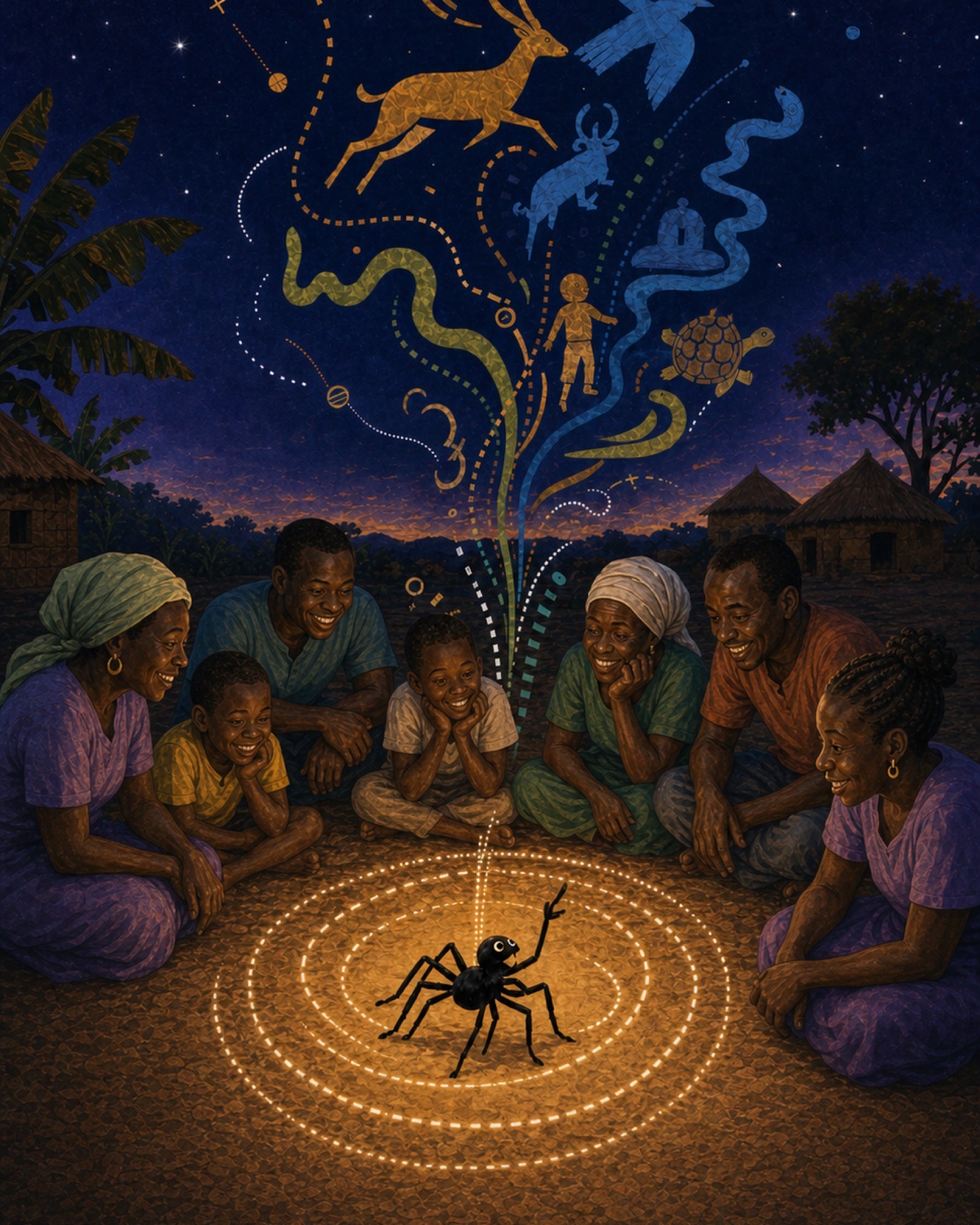 Ananse the spider appears above a circle of listeners as story paths open across the night.
