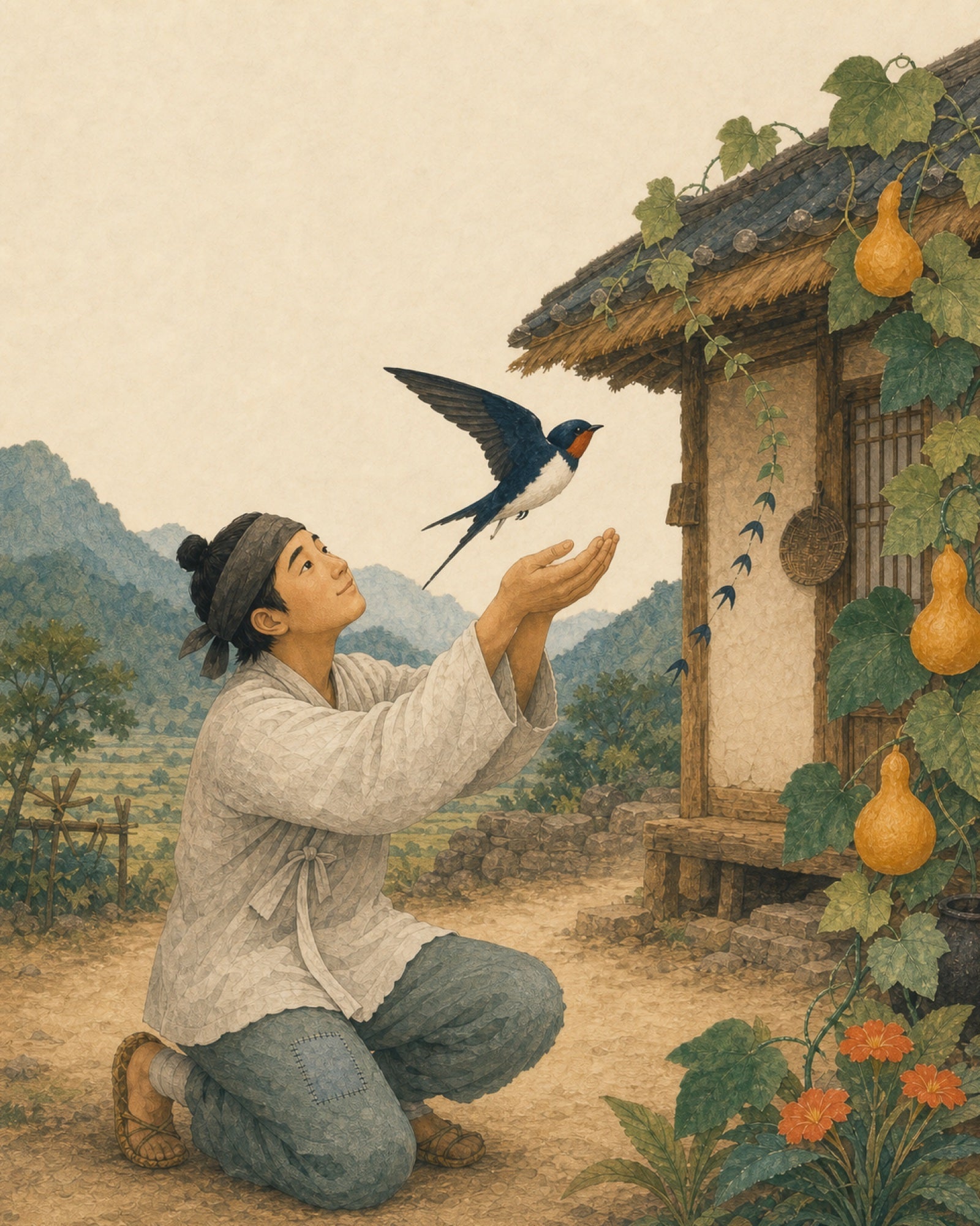 Heungbu releases a swallow as its flight path opens toward vines and ripening gourds.