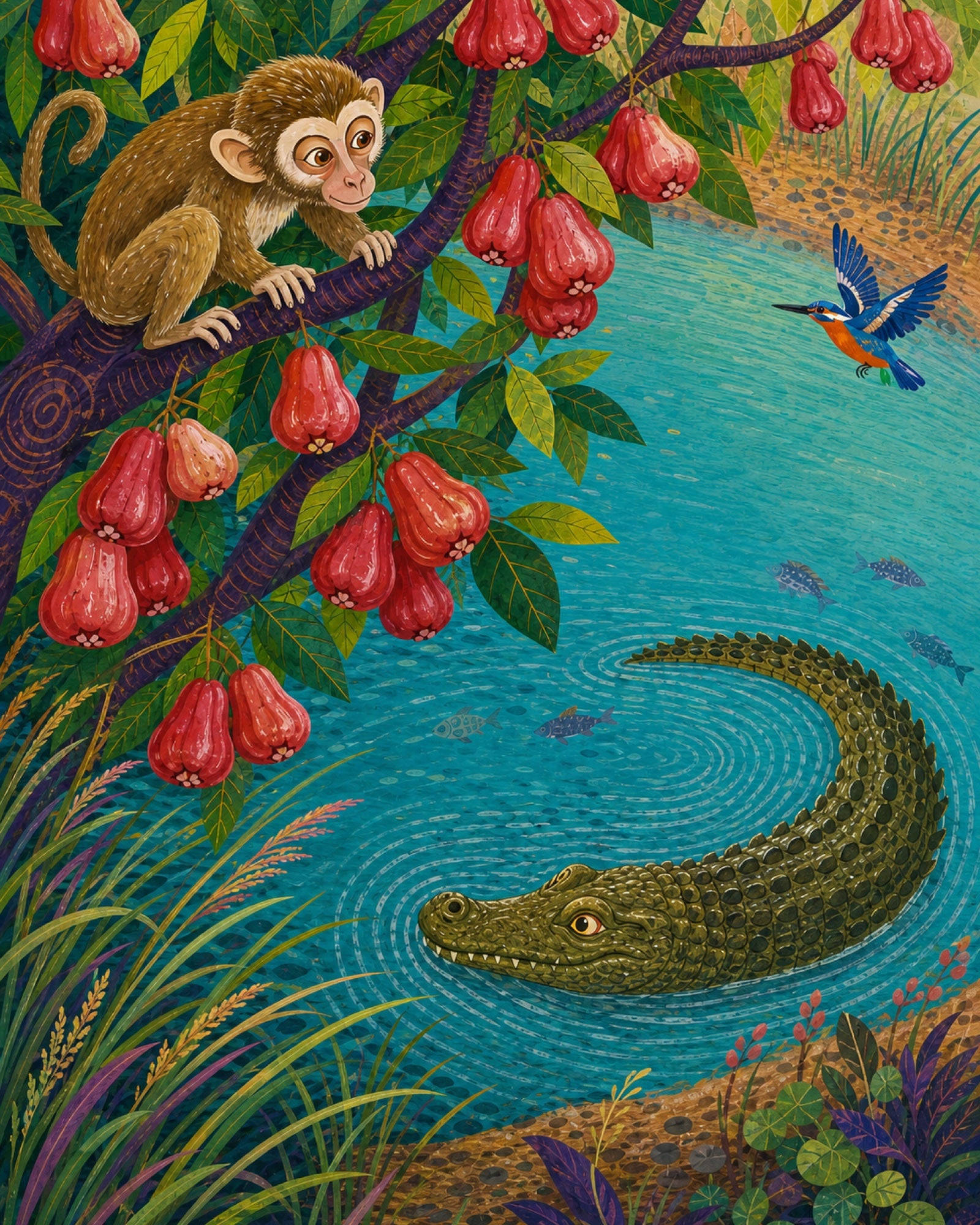 A monkey watches from a fruiting tree above a crocodile moving through patterned river currents.